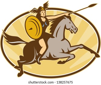 Illustration of valkyrie of Norse mythology female rider warriors riding horse with spear done in retro style.