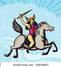 Illustration of valkyrie of Norse mythology female rider warriors riding horse with spear done in retro style.