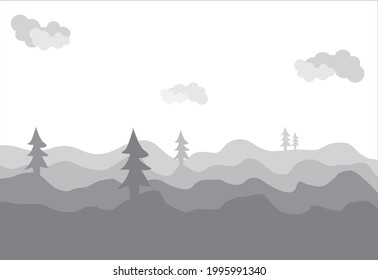 Illustration of a valley or landscape with pine trees in monochrome theme and white background.