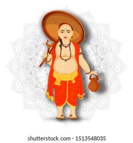 Illustration of Vamana character holding umbrella on mandala pattern background for Happy Onam Festival celebration.