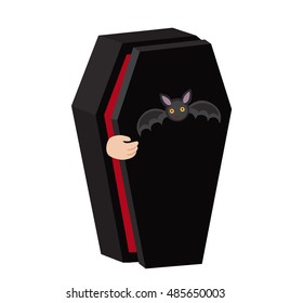 Illustration vampire coffin . Someone on the inside opens the lid.