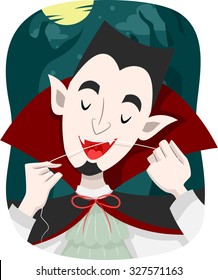 Illustration of a Vampire Using Dental Floss to Clean His Teeth