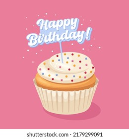 Illustration of vanilla cupcake. Vector illustration cupcake with text happy birthday for invitation or postcard. svg