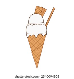 illustration of vanilla flavored ice cream cone with biscuit and wafer roll