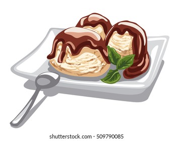 illustration of vanilla ice cream with chocolate syrup