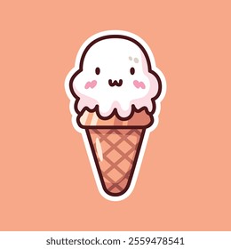 Illustration of a vanilla ice cream cone with a smiling face on an orange background. A cute and playful design perfect for dessert or summer themes.