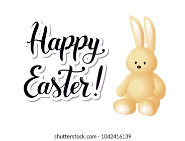 Illustration with vanilla three dimensional hare and calligraphy of Happy Easter with shadow on white background for greeting card, postcard, poster, sticker, decoration