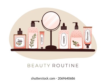 Illustration of vanity table with natural organic cosmetic in bottle, jar, tube, with mirror. Skincare routine set. Vector illustrations for marketing, website, merch, card.