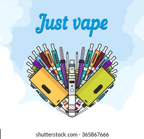 Illustration of vaporizer and vaping accessories a heart form, Love vape, flat vector art