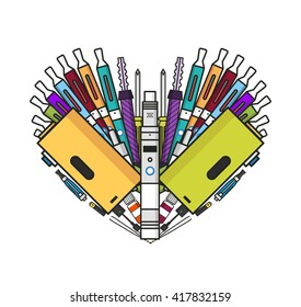 Illustration of vaporizer and vaping accessories a heart form, Love vape, flat vector art