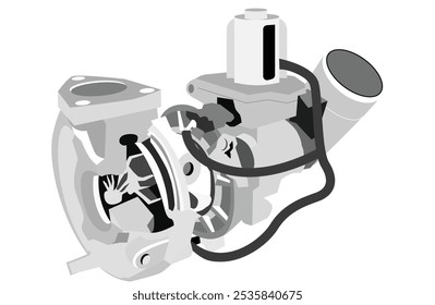 Ilustração do turbocompressor de geometria variável (VGT). É um tipo de turbocompressor que ajusta o fluxo de gases de escape para a turbina. Ilustração plana de vetor