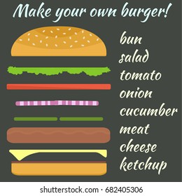 Illustration with variation of burger ingredients, make your own hamburger infographics for bar, restaurant, cafe menu