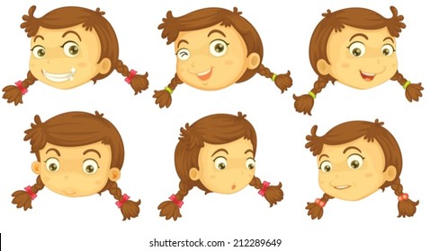 Illustration of the variations of a girl's faces on a white background