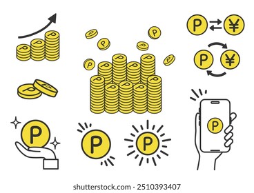 Variações ilustrativas de moedas isoladas. Aumentando, descontando, smartphone, etc.