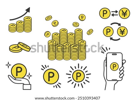 Illustration variations of point coins. Increasing, cashing, smartphone, etc.