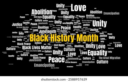 Illustration with varied typography centering around Black History Month, emphasizing themes of unity, equality, and empowerment.