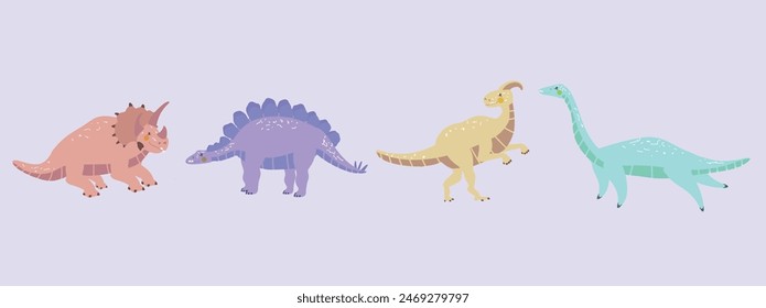 Illustration of a variety of cartoon dinosaurs
