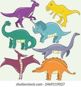 Illustration of a variety of cartoon dinosaurs, including a T-rex, Triceratops, Pterodactyl, Brachiosaurus, Stegosaurus, and Parasaurolophus.