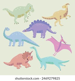 Illustration of a variety of cartoon dinosaurs, including a T-rex, Triceratops, Pterodactyl, Brachiosaurus, Stegosaurus, and Parasaurolophus.