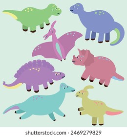 Illustration of a variety of cartoon dinosaurs, including a T-rex, Triceratops, Pterodactyl, Brachiosaurus, Stegosaurus, and Parasaurolophus.