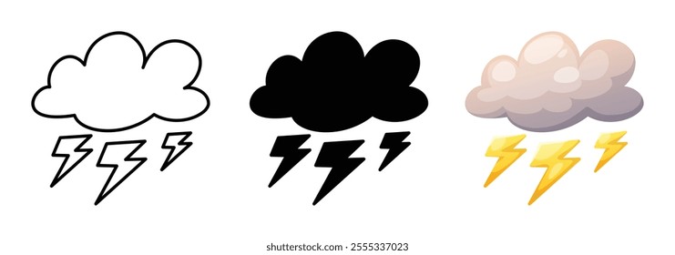 Illustration of variety cloud thunder designs, simple line art, solid silhouettes, and cheerful cartoon style suns with expressive faces. ideas for icons, labels, or digital decoration.