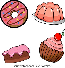 illustration of a variety of desserts, there are donuts, jelly, muffins, and brownies