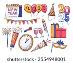 Illustration a variety of festive elements New Year 2025 celebration. includes balloons, a calendar, flag decoration, party hat, fireworks, sparklers, trumpet, drink, a clock, etc