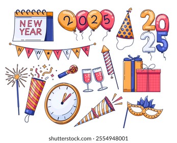 Illustration a variety of festive elements New Year 2025 celebration. includes balloons, a calendar, flag decoration, party hat, fireworks, sparklers, trumpet, drink, a clock, etc