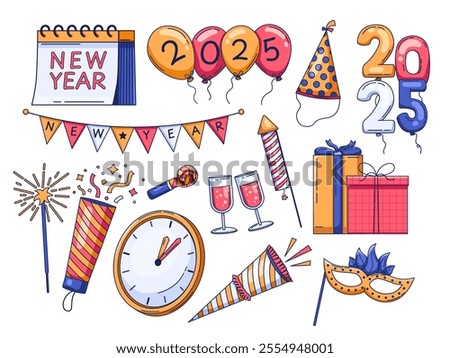 Illustration a variety of festive elements New Year 2025 celebration. includes balloons, a calendar, flag decoration, party hat, fireworks, sparklers, trumpet, drink, a clock, etc