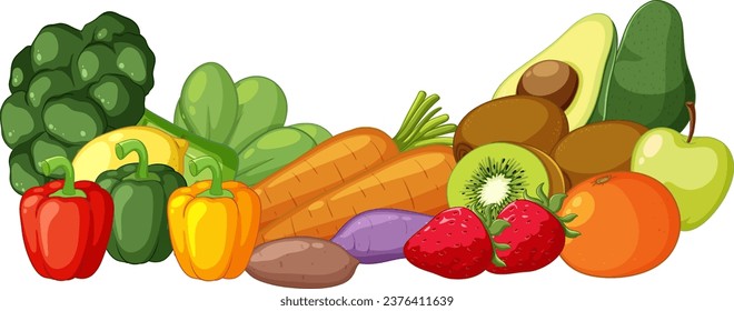 Ilustración de una variedad de frutas y verduras nutritivas ricas en fibras