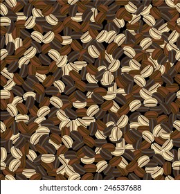 an illustration of variety of raw and roasted coffee beans, seamless pattern 