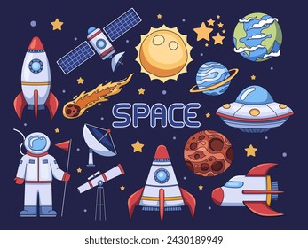 Illustration of variety of space and astronomy elements From twinkling stars, planets, comets, spacecraft, rocket, telescope, UFO, etc. Perfect for education, presentations, sticker, and any creative