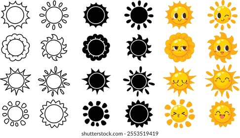 Illustration of variety sun designs, simple line art, solid silhouettes, and cheerful cartoon style suns with expressive faces. ideal for icons, labels, or digital decoration.