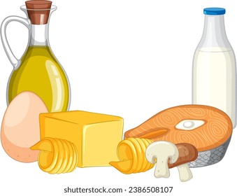 Illustration of a variety of vitamin D-rich foods in a cartoon style