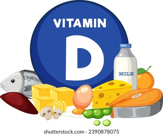 Illustration of a variety of vitamin D-rich fruits and vegetables