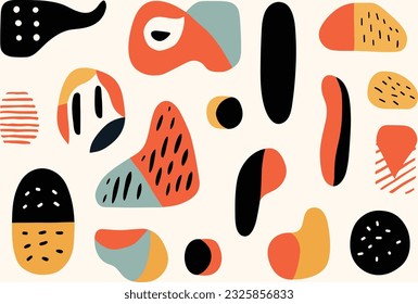  illustration of various abstract shapes and colored designs, in the style of dark violet and orange, bold patterns, abstract minimalism appreciator, laurel burch
