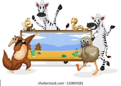 illustration of various animals and board on white