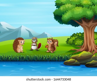 Illustration of various animals in the green park
