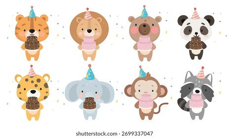 Illustration of various animals holding a cake, birthday party