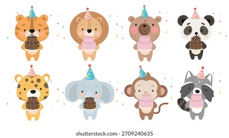 Illustration of various animals holding a cake, birthday party