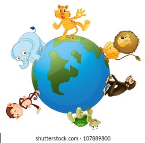 illustration of various animals on earth globe on white