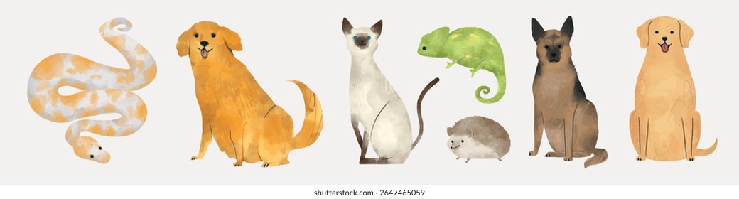 Ilustração de vários animais: cobra, golden retriever, gato siamês, camaleão, ouriço, pastor alemão e labrador retriever, tudo em uma fileira. Vetor animal isolado.