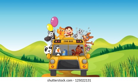 illustration of various animals and zoo bus in a beautiful nature
