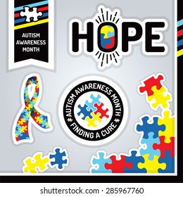 An illustration of various autism awareness elements. Vector EPS 10.