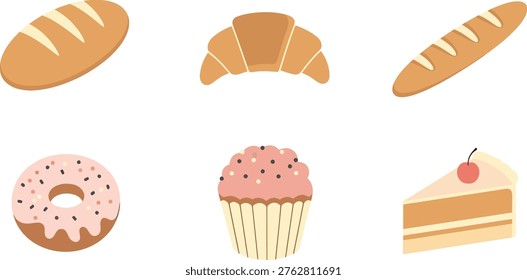 An illustration of various baked goods including bread, donuts, and pastries.