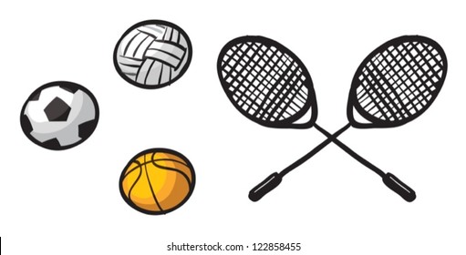 Illustration of various balls and rackets on a white background