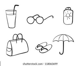 illustration of various beach objects on a white background