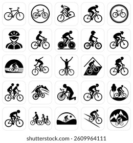 Illustration of various bicycle and cyclist icons in different poses and settings black and white silhouette