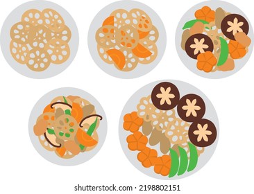 Illustration of various boiled lotus roots