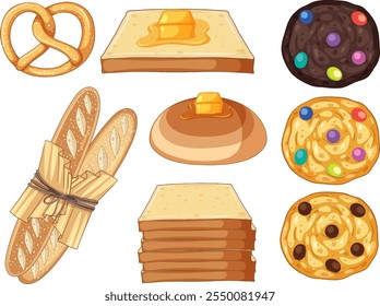 Illustration of various breads and cookies with butter